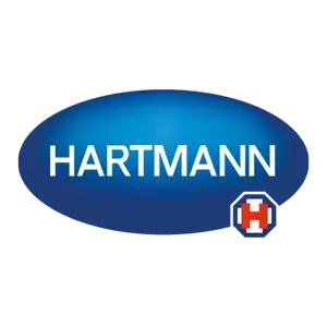 HARTMANN-Logo mit blauem ovalem Hintergrund, weißer Schrift und rotem Emblem.