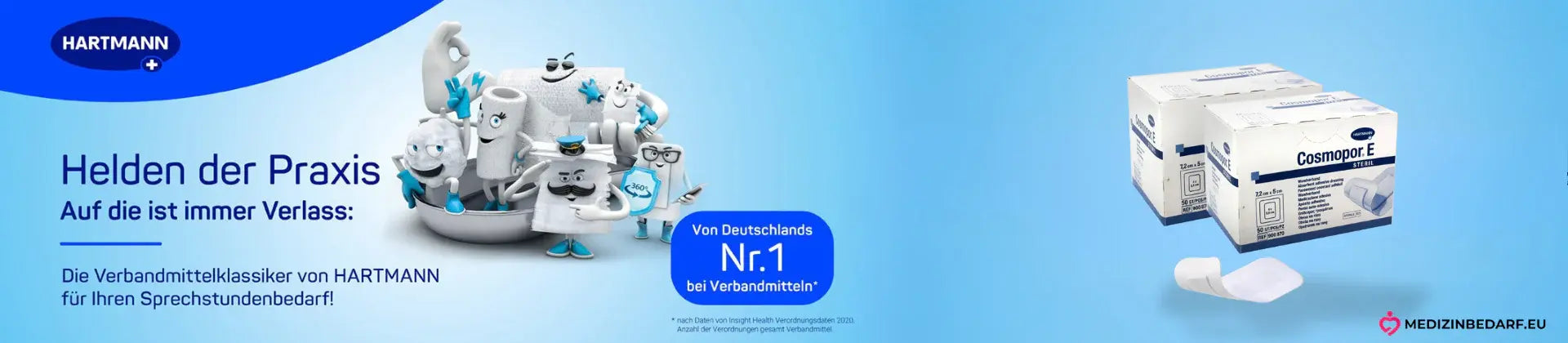 Bunte Zeichentrick-Verbände und medizinische Versorgung Charaktere um Schachteln mit Cosmopor E Verbänden.