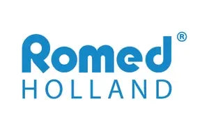 Romed-Holland-Logo in blauer Schrift auf weißem Hintergrund.